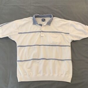 Greenline International Polo Shirt Mens Large White Blue Stripe Pocket Golf
